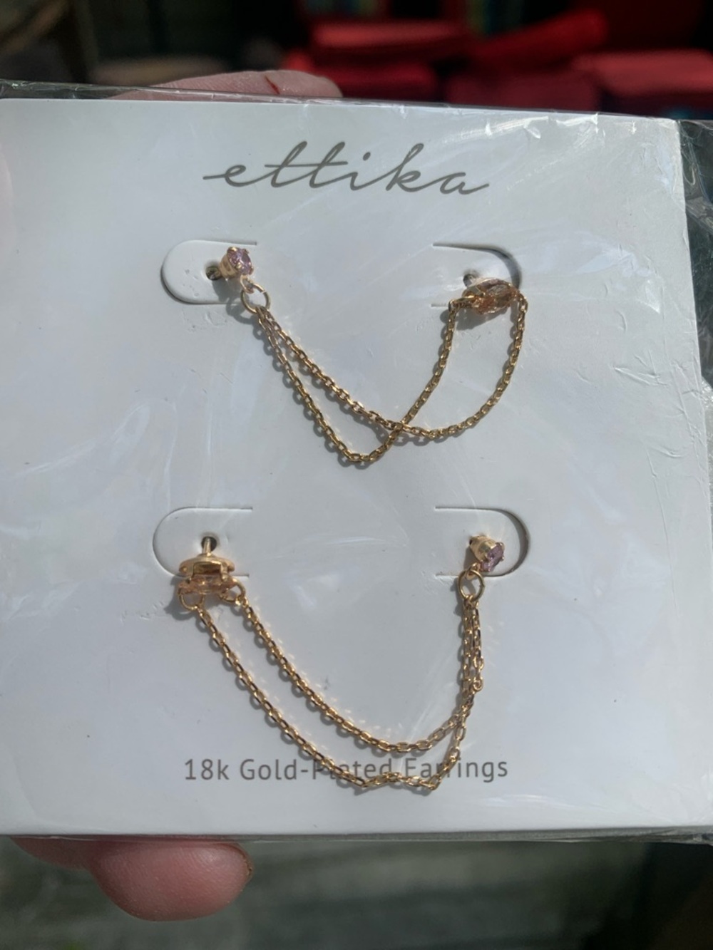 NWT ettika Gold-Tone Double Chain Connector Earrings with Pink Stones